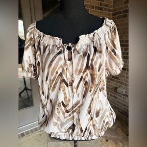 Ann Taylor Cream and Brown Patterned Blouse